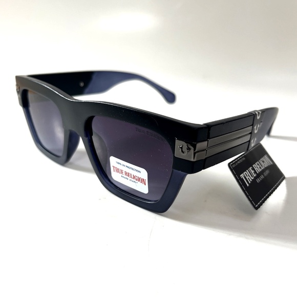 New Original TRUE RELIGION Square Sunglasses Frosted Blue Acetate Logo Classic